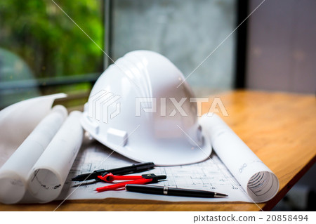 construction concept image helmet roll blueprints 20858494