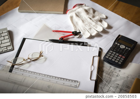 wooden desk with open notebook, blueprint rolled, wooden desk with open notebook, blueprint rolled, 20858503