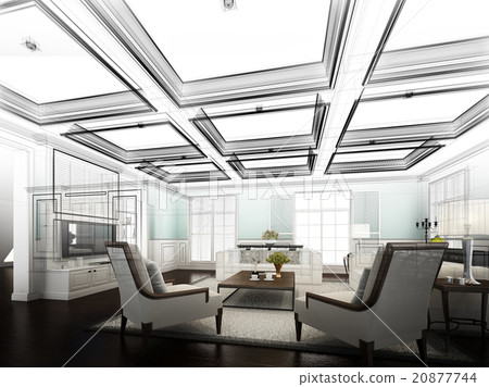 sketch design of living room ,3dwire frame render sketch design of living room ,3dwire frame render 20877744