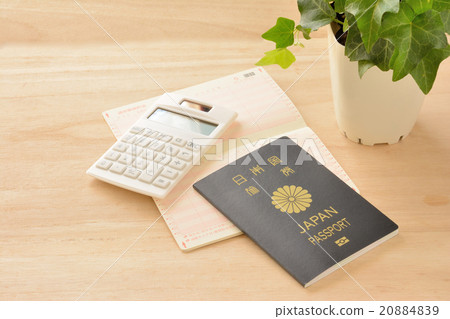 護照和存款簿和計算器五穀背景 護照和存款簿和計算器五穀背景 20884839