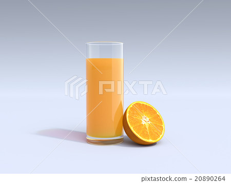 Glass of orange juice and half of orange. 3D 20890264