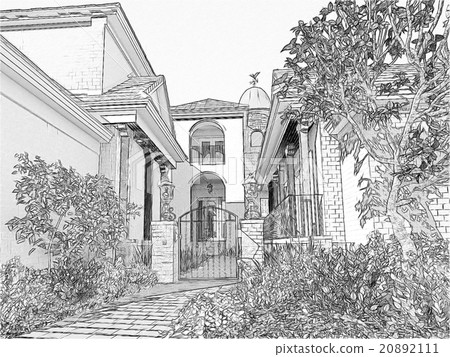 Black And White Drawing Of A Building 20892111