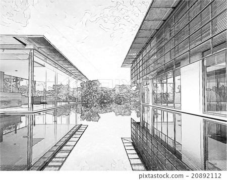 Black And White Drawing Of A Building 20892112