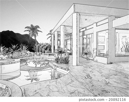 Black And White Drawing Of A Building 20892116