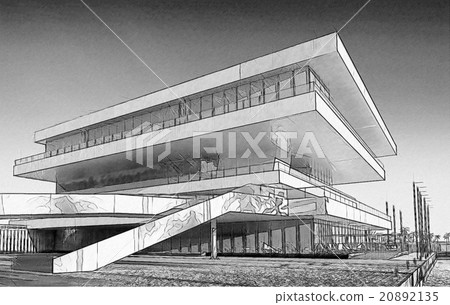 Black And White Drawing Of A Building 20892135