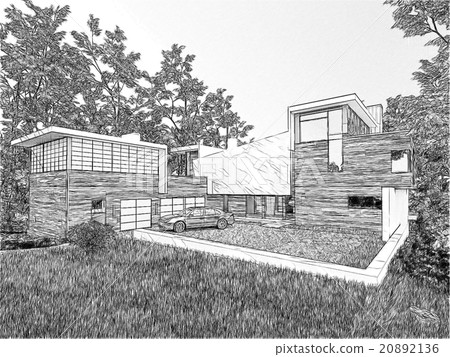 Black And White Drawing Of A Building 20892136