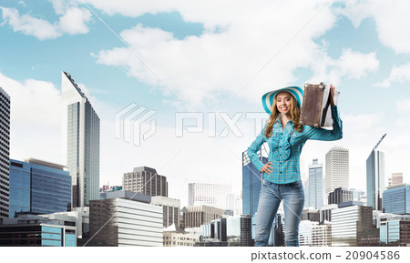 Attractive girl with old suitcase Attractive girl with old suitcase 20904586
