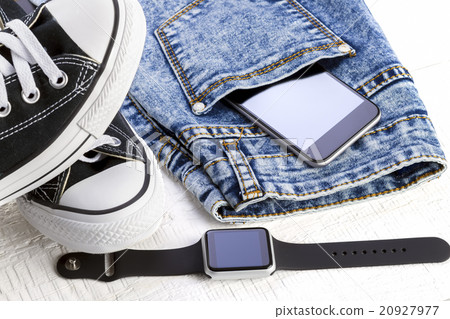 jeans and fashion accessories on white wooden jeans and fashion accessories on white wooden 20927977