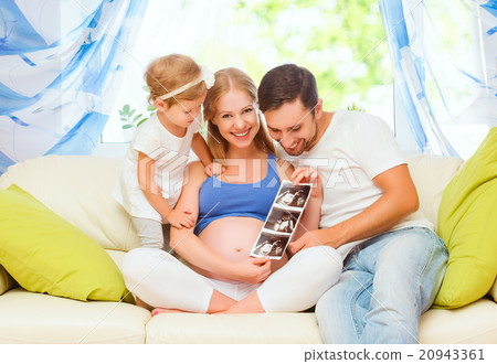Happy family waiting for baby looking ultrasound pregnant mom, d 20943361