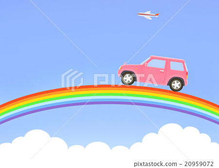 A blue sky rainbow and a pink jeep 20959072