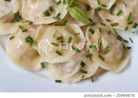 dumplings sprinkled with chives on white plate dumplings sprinkled with chives on white plate 20960678