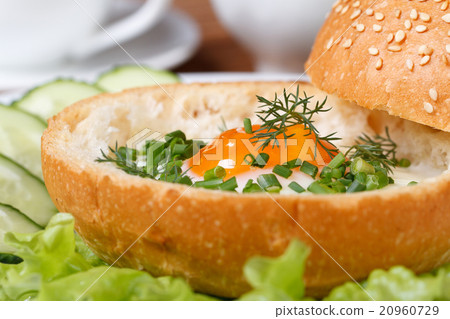 Sandwich with baked eggs with herbs and vegetables Sandwich with baked eggs with herbs and vegetables 20960729