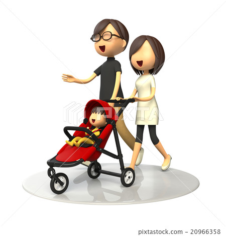 一對夫婦和嬰兒車的嬰兒一起散步 20966358