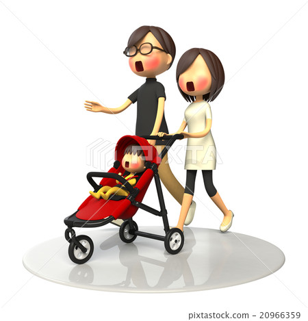 一對夫婦和嬰兒車的嬰兒一起散步 20966359