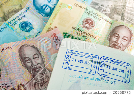 Visa passport stamp from vietnam and money (Dong) Visa passport stamp from vietnam and money (Dong) 20968775