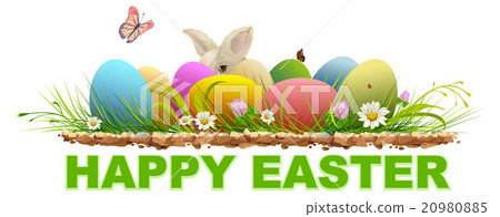Happy easter. Painted eggs and rabbit on green Happy easter. Painted eggs and rabbit on green 20980885