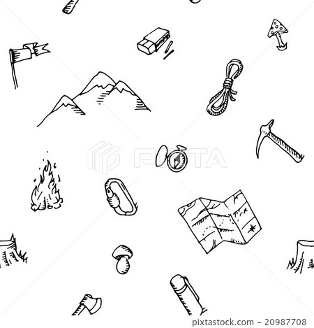 Seamless pattern hand drawn camping adventure set - Stock Illustration ...