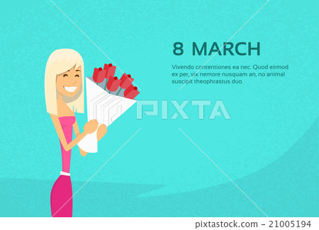 Woman Hold Rose Flower Bouquet 8 March Copy Space Woman Hold Rose Flower Bouquet 8 March Copy Space 21005194