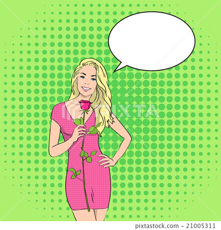 Woman Hold Rose Flower Chat Bubble 8 March Pop Art 21005311