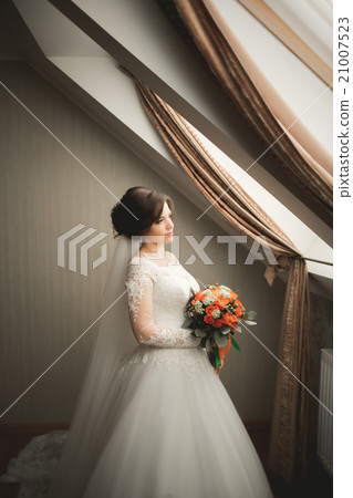 Luxury bride in white dress posing while preparing Luxury bride in white dress posing while preparing 21007523