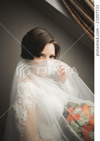 Luxury bride in white dress posing while preparing Luxury bride in white dress posing while preparing 21007532