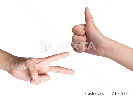 Female hand  isolated on white , roshambo sign 21015834