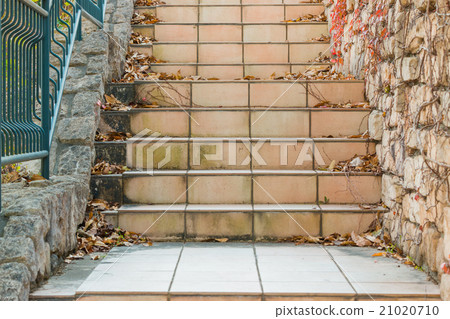 Tile stairs with dry leaves. Tile stairs with dry leaves. 21020710