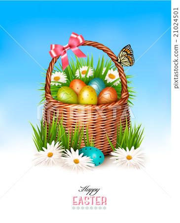 Happy Easter background. Basket with eggs Happy Easter background. Basket with eggs 21024501