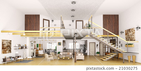 Modern loft apartment interior in cut 3d render 21030275