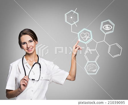 Female doctor in uniform touch hexagon with icons Female doctor in uniform touch hexagon with icons 21039095