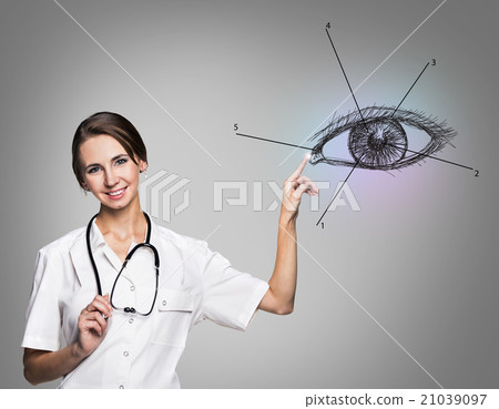 Female doctor in uniform touch painted human eye Female doctor in uniform touch painted human eye 21039097