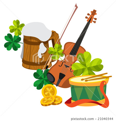 Wooden mug of beer foam, violin, clover and coins 21040344