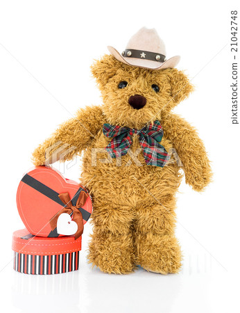 Teddy bear with .Red heart shaped gift box Teddy bear with .Red heart shaped gift box 21042748
