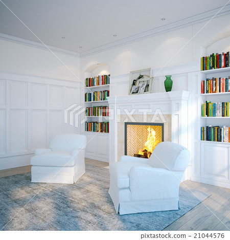 Home library in classic white room.  21044576