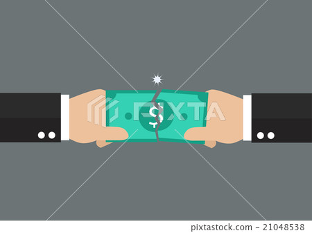 Hands tearing apart a banknote 21048538