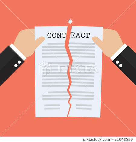 Hands tearing apart contract document paper 21048539