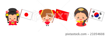 有日本，韓國，中國的旗子的女孩 21054608