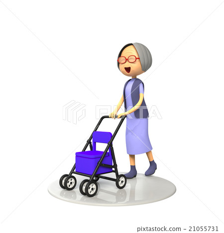An old lady walking by pushing a silver cart 21055731