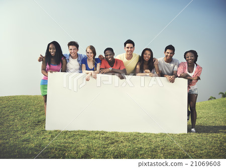 Group Friends Outdoors Holding Placard Concept 21069608