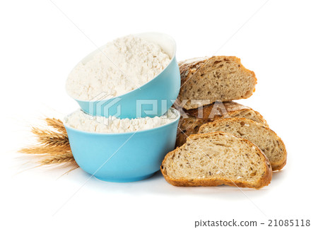 flour in blue plates, sliced bread flour in blue plates, sliced bread 21085118
