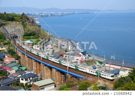 While seeing the spectacular view of Sagami Bay, 185 series express dancers crossing the Ishibashi bridge 21088942