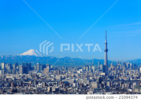 藍天傳播的富士山和東京天空樹 藍天傳播的富士山和東京天空樹 21094374