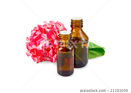 Oil with pink geraniums in two dark bottles Oil with pink geraniums in two dark bottles 21101030