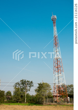 communication antenna tower with blue sky. 21116126