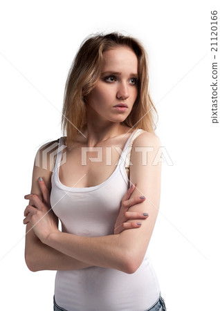 Attractive sad woman in white vest 21120166