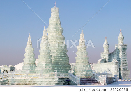 Ice buildings in sunny daylight in Harbin China 21120986