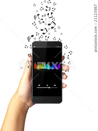 Hand holding smart phone with music notes 21123867
