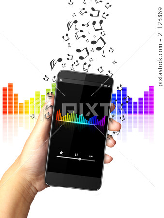 Hand holding smart phone with music notes 21123869