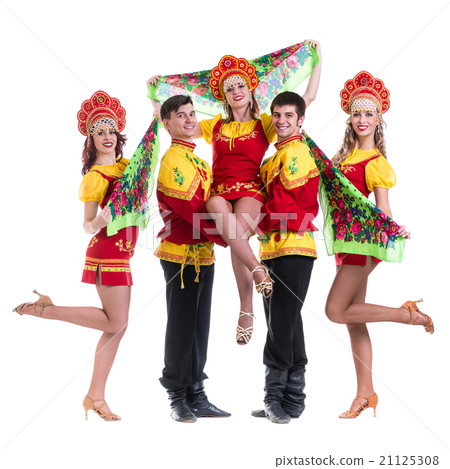Dancer team wearing a folk costumes isolated on 21125308