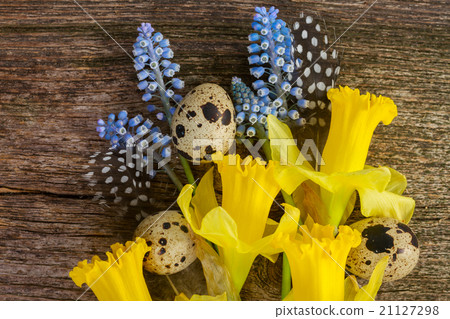Muscari, daffodils and eggs Muscari, daffodils and eggs 21127298